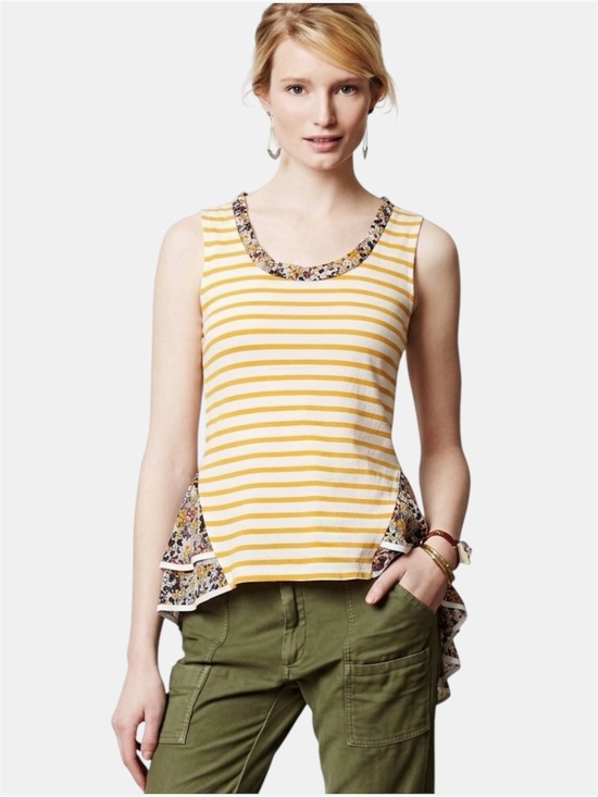 Anthropologie Tops - Anthropologie Postmark Striped Peplum Hi Lo Tank Flowy Top Yellow White Floral S